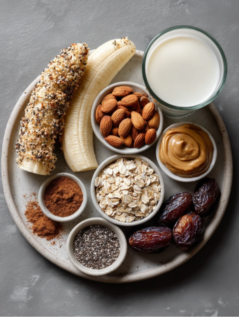 Top-down view of chia banana boost smoothie ingredients, including roasted banana, fresh banana, almonds, dates, oats, chia seeds, peanut butter, cinnamon, and almond milk on a white plate.