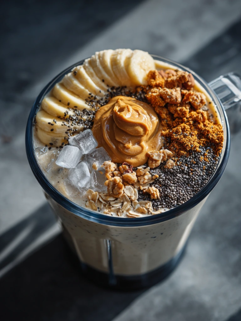 Overhead shot of a blender filled with banana slices, chia seeds, oats, peanut butter, and ice, ready to blend for a creamy chia banana boost tropical smoothie.
