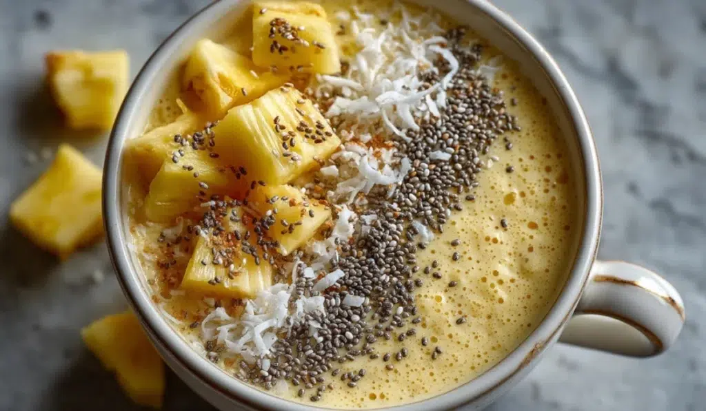 Creamy coconut smoothie bowl topped with pineapple chunks, shredded coconut, and chia seeds.