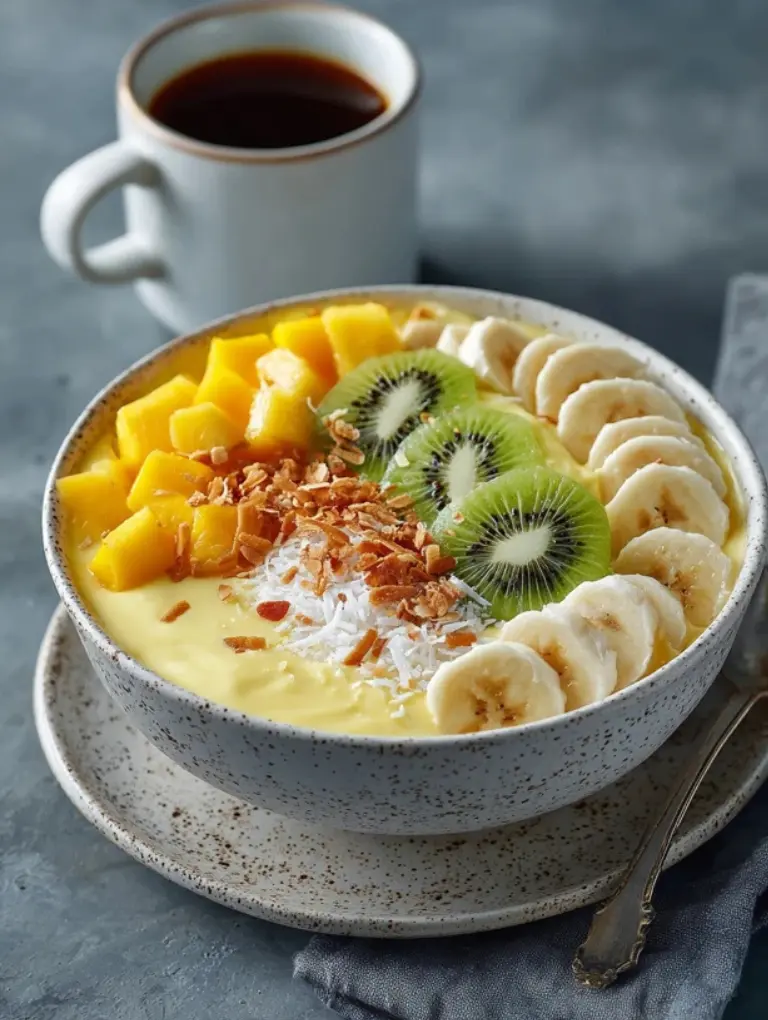 Creamy coconut smoothie bowl topped with mango, kiwi, banana slices, and toasted coconut flakes on a gray countertop.