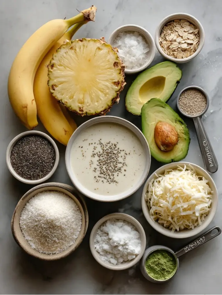 Flat lay of ingredients for a coconut smoothie bowl: coconut milk, frozen banana, avocado, pineapple, shredded coconut, chia seeds, and protein powder.