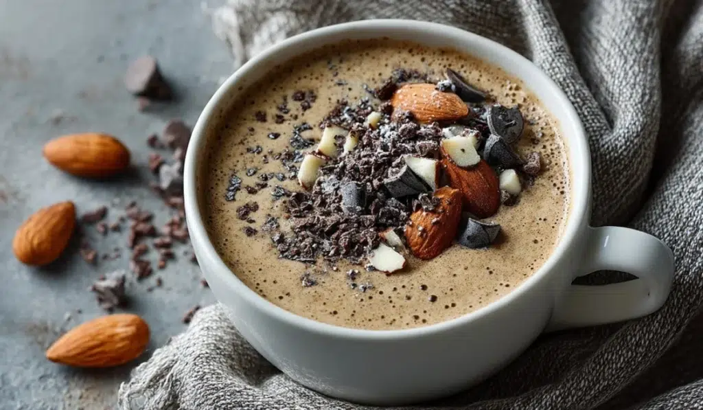 Coffee mocha smoothie bowl with chocolate chips, cacao nibs, and almonds.