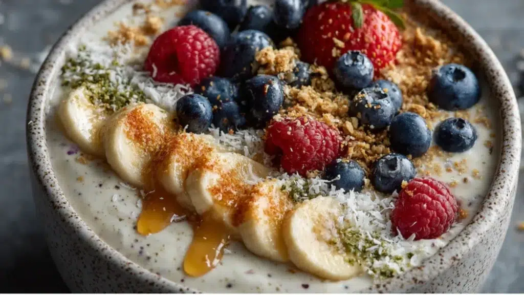 Cottage cheese smoothie bowl topped with banana slices, blueberries, raspberries, granola, and honey drizzle.