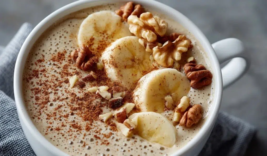 Banana oat smoothie bowl topped with sliced bananas, cinnamon, and chopped walnuts.