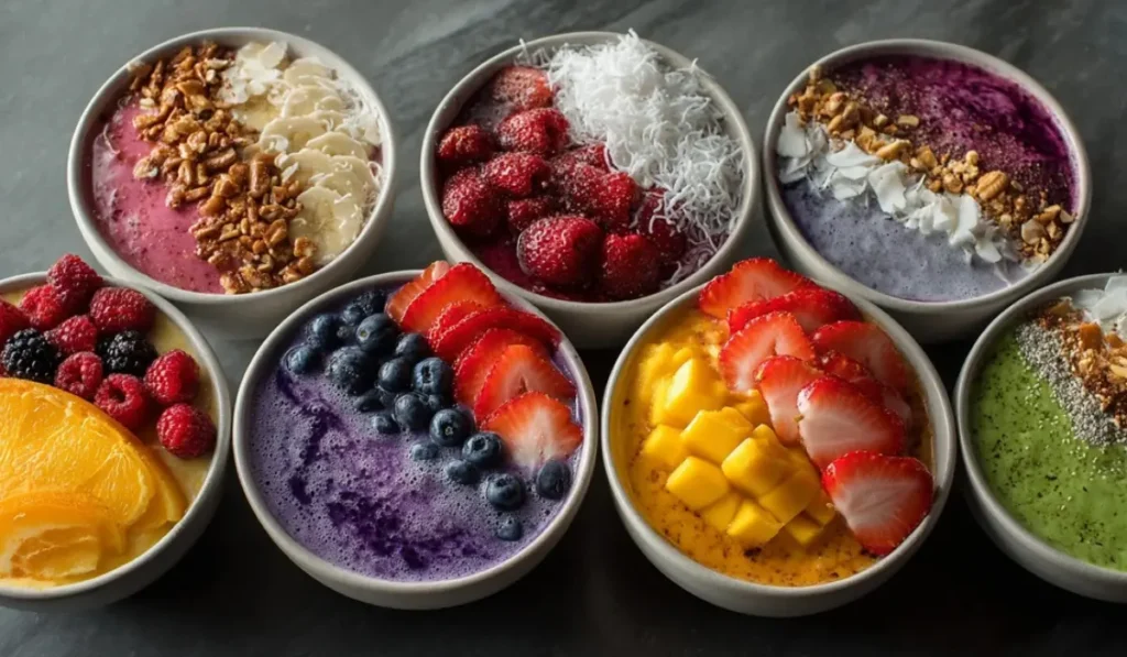 A variety of colorful creamy smoothie bowls with fresh fruit toppings on a gray countertop
