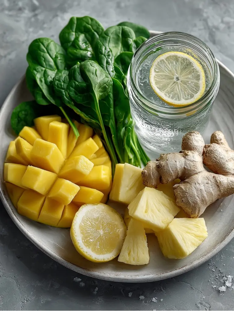Detox Island Green Smoothie (Copycat) Clean, Low-Sugar & RefreshingFlat lay of spinach, mango cubes, pineapple chunks, banana slices, lemon wedge, fresh ginger, and coconut water on a white plate over a gray countertop.