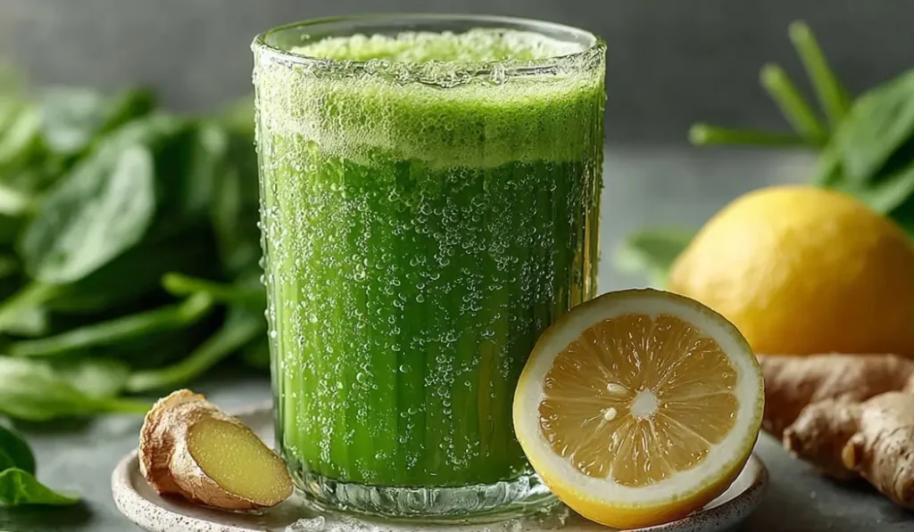 Detox Island Green Smoothie (Copycat) Clean, Low-Sugar & Refreshing Bright green detox island green smoothie in a clear glass with lemon wedge and ginger slice on a white plate, gray kitchen countertop background.