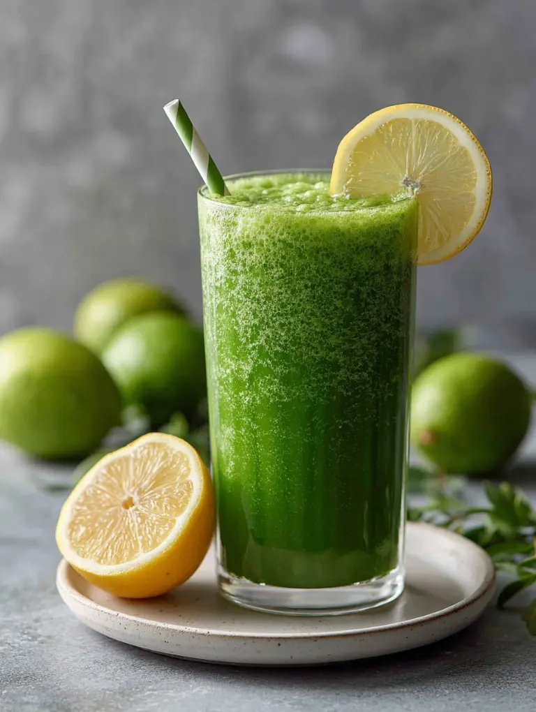 Detox Island Green Smoothie (Copycat) Clean, Low-Sugar & RefreshingTall clear glass of detox green smoothie with lemon garnish and straw on a white plate over a gray kitchen countertop.