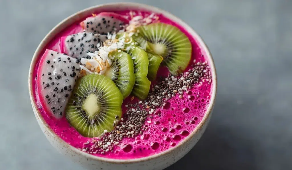 Bright pink dragon fruit smoothie bowl topped with kiwi slices, coconut, and chia seeds.