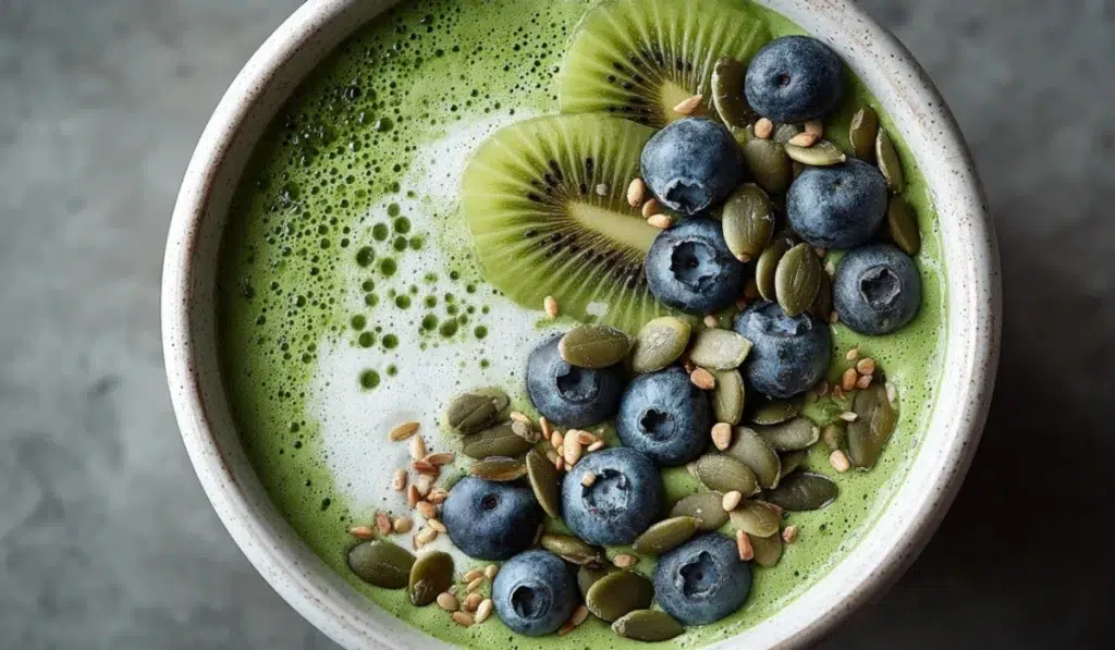 Green smoothie bowl with avocado, spinach, blueberries, kiwi slices, and pumpkin seeds.