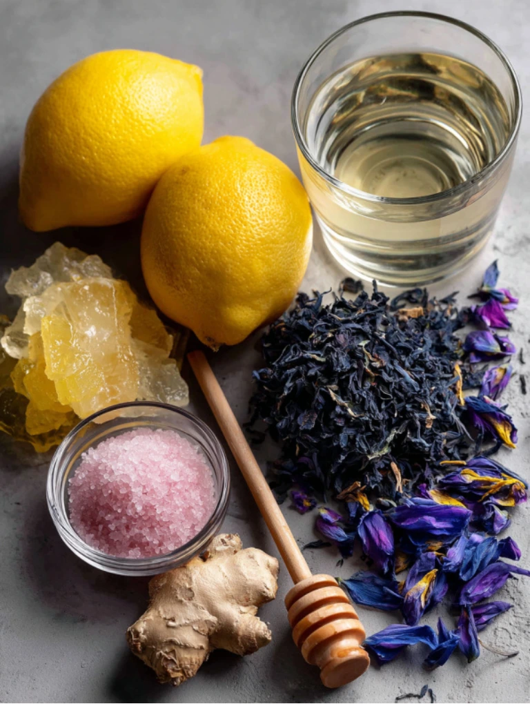 Homemade Mounjaro Recipe with Pink Salt Fresh lemons, ginger root, pink Himalayan salt, honey, butterfly pea flowers, and warm water arranged neatly on a countertop.