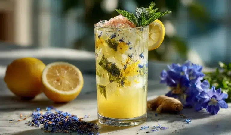 Glass of Homemade Mounjaro drink with lemon, ginger, and pink Himalayan salt, with a swirl of butterfly pea flower blue.