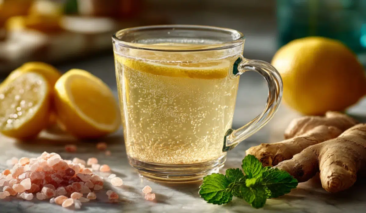 Glass mug of Homemade Mounjaro drink with lemon slice, surrounded by fresh lemons, ginger root, pink Himalayan salt crystals, and mint leaves on a marble surface.