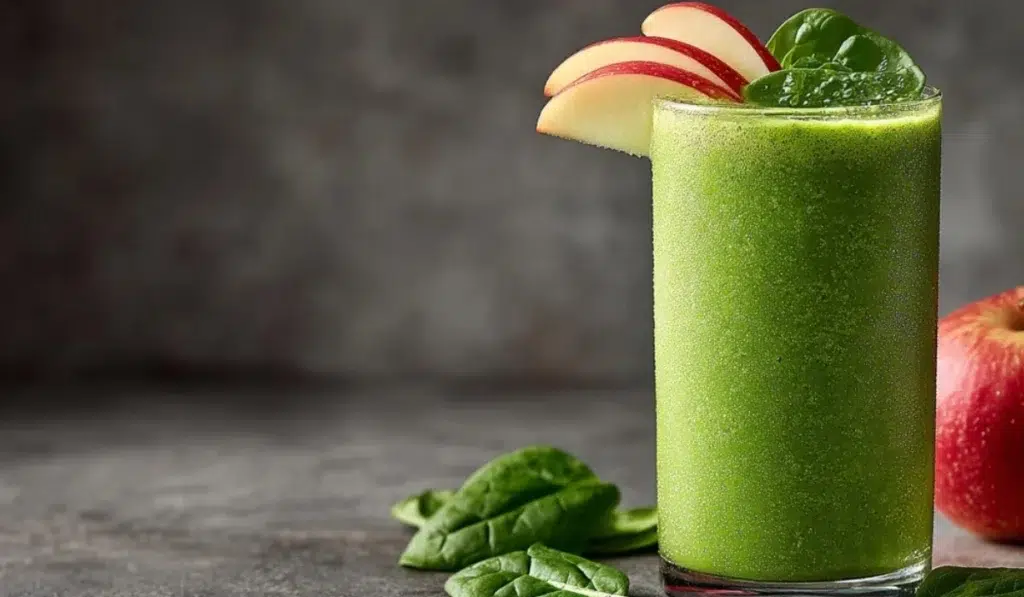 Jamba Apple n Greens Copycat A tall glass of vibrant green Jamba Apple n Greens smoothie on a gray kitchen countertop with fresh apple and spinach garnish.