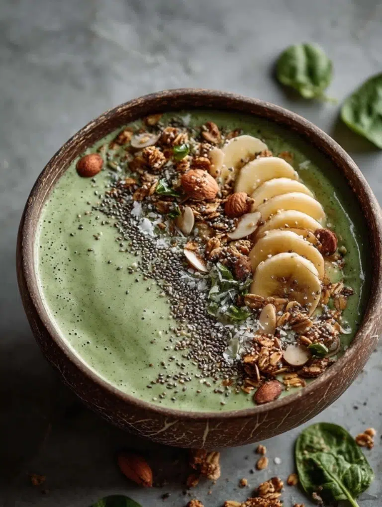 A green smoothie bowl topped with granola, chia seeds, apple slices, and fresh spinach on a gray kitchen countertop.
