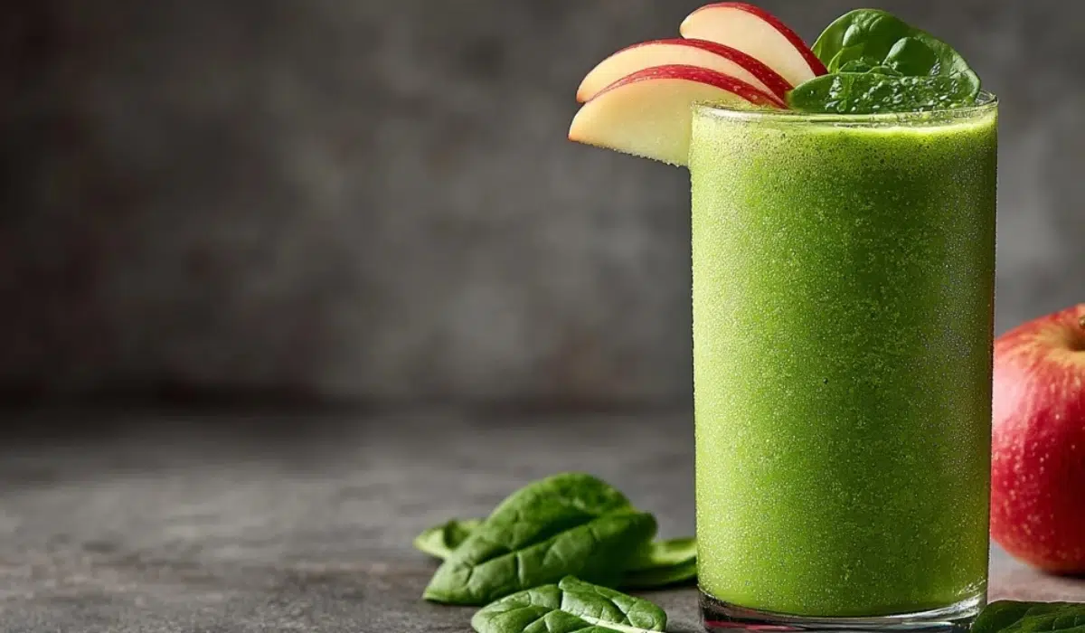 Jamba Apple n Greens Copycat A tall glass of vibrant green Jamba Apple n Greens smoothie on a gray kitchen countertop with fresh apple and spinach garnish.