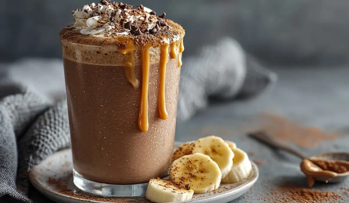 Chocolate Jamba Peanut Butter Moo d Smoothie in a clear glass with banana slices and peanut butter drizzle on a white plate over a gray kitchen countertop.