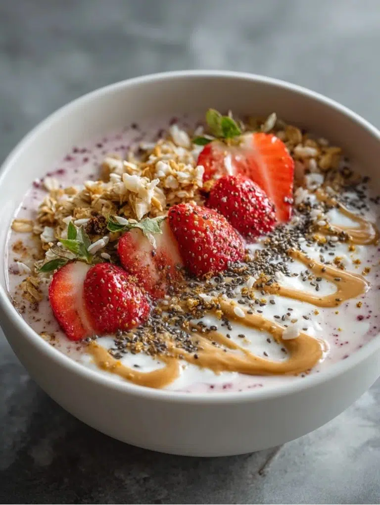 Smoothie bowl topped with granola, fresh strawberries, chia seeds, and nut butter drizzle.