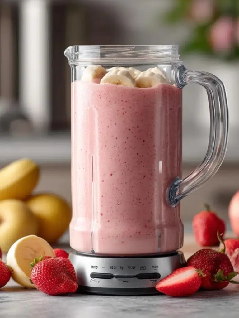 Blender filled with strawberries, banana, yogurt, and juice ready to blend on a gray countertop