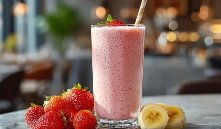 Jamba Strawberry Whirl Smoothie Tall glass of strawberry banana smoothie on a gray kitchen countertop with fresh strawberries and banana slices.
