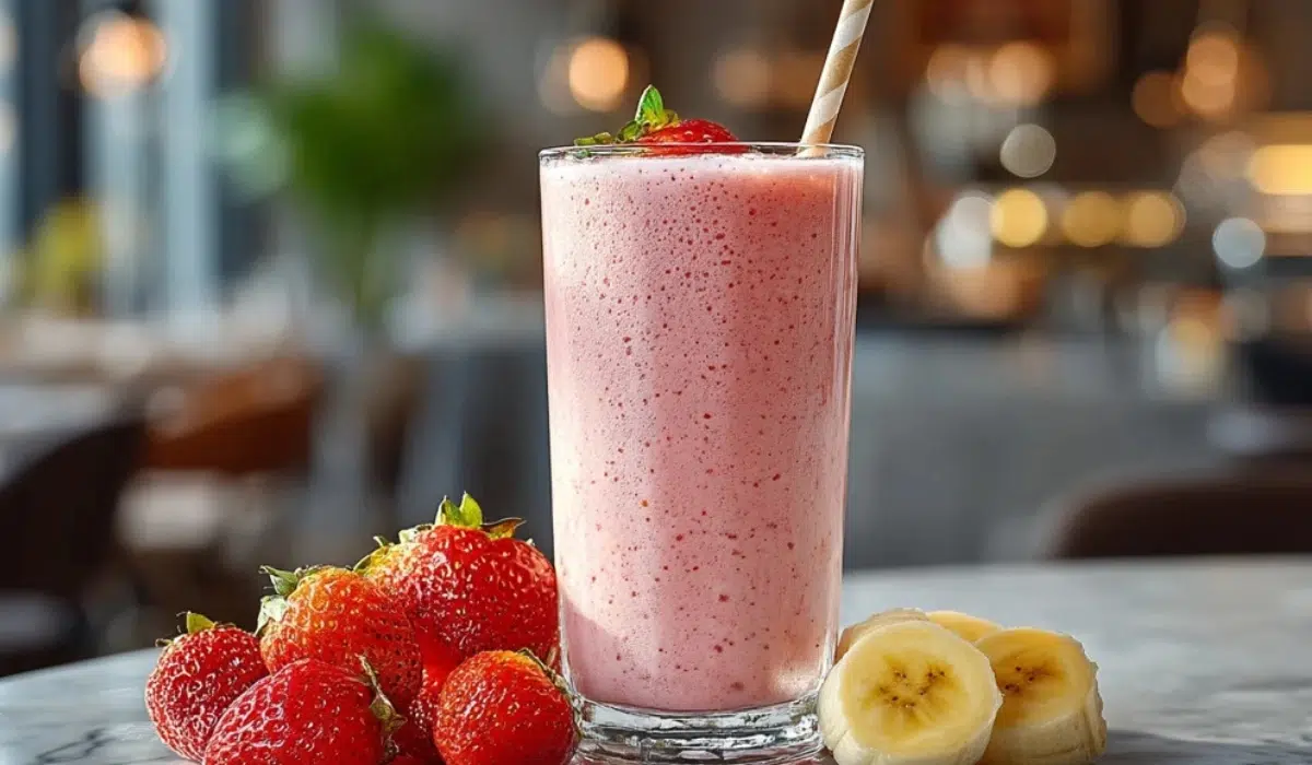 Jamba Strawberry Whirl Smoothie Tall glass of strawberry banana smoothie on a gray kitchen countertop with fresh strawberries and banana slices.