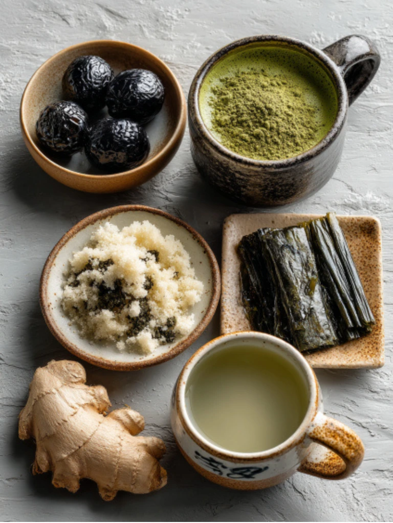 Overhead view of traditional Japanese Mounjaro Detox Drink ingredients including matcha, umeboshi, ginger, kombu, and warm water.