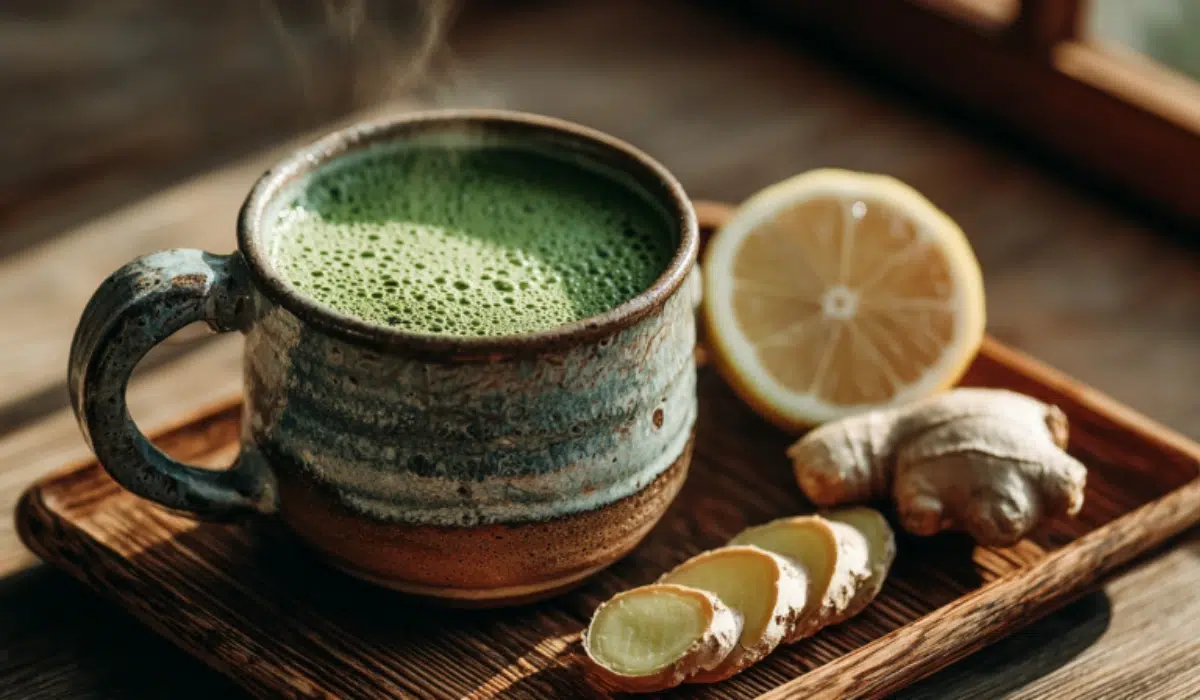 teaming cup of Japanese Mounjaro Detox Drink with ginger, lemon, and umeboshi on a bamboo tray in soft morning light.