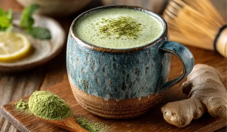 Close-up of a ceramic mug filled with frothy Japanese Mounjaro drink, topped with vibrant green matcha powder, with ginger root and a wooden spoon of matcha powder on a wooden table, bamboo whisk in background.