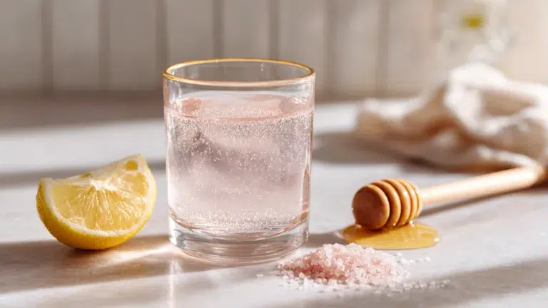 Glass of Japanese pink salt drink with lemon and honey on a gray countertopThe finished Japanese pink salt drink with a hint of pink and a lemon wedge for a refreshing touch.