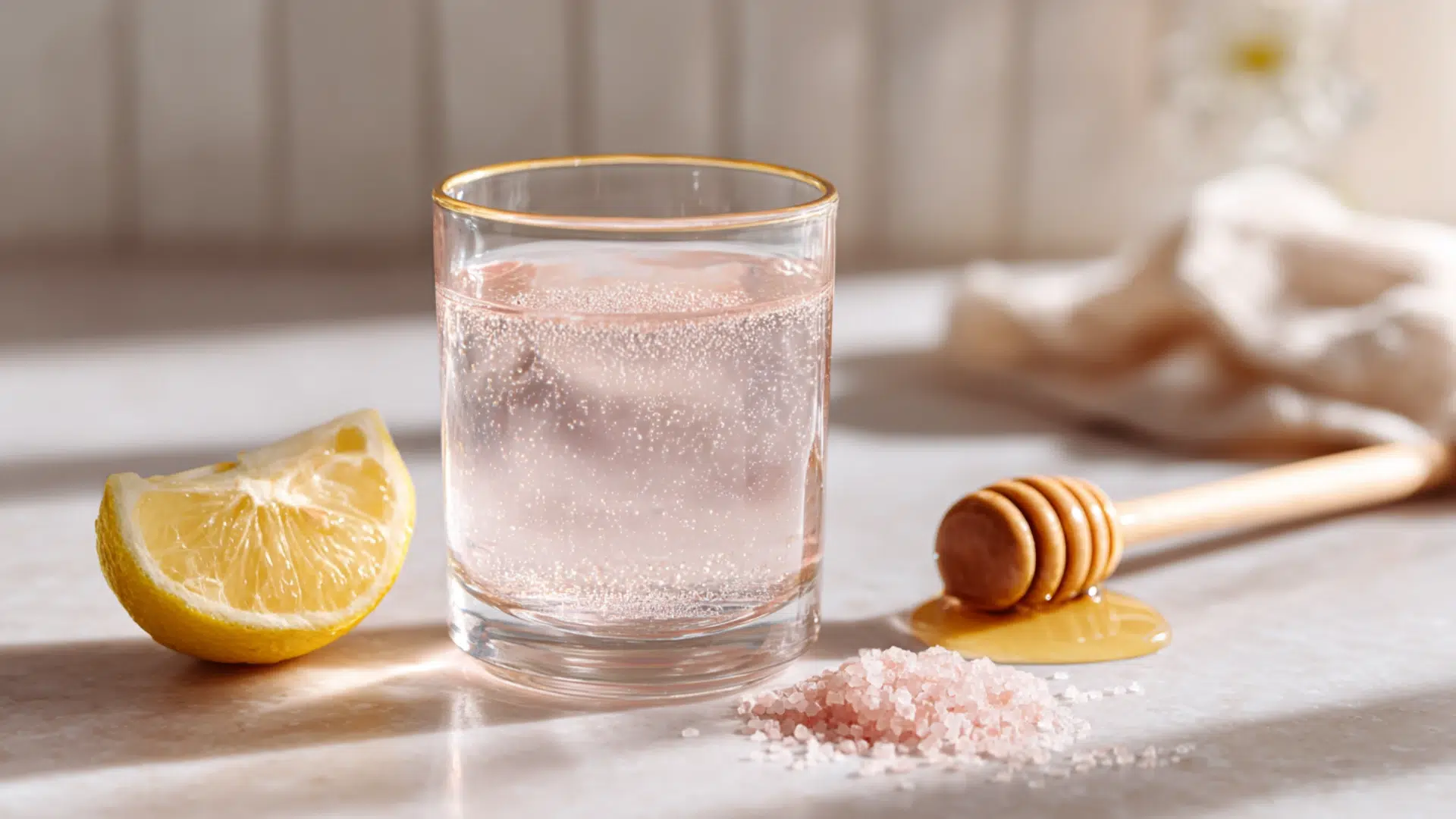 Glass of Japanese pink salt drink with lemon and honey on a gray countertopThe finished Japanese pink salt drink with a hint of pink and a lemon wedge for a refreshing touch.