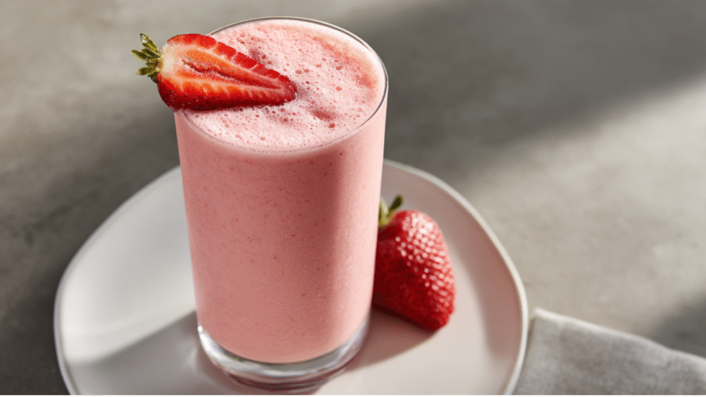 Glass of Jetty Punch tropical smoothie garnished with a fresh strawberry slice on a white plate.