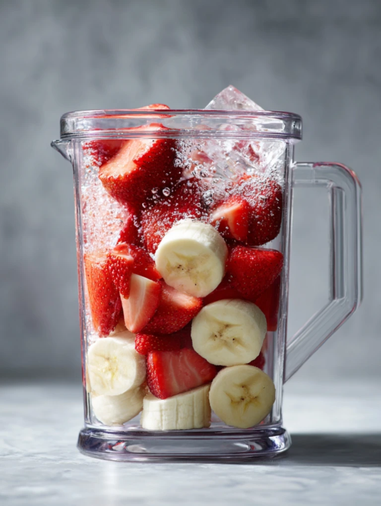 Fresh strawberries and banana slices in a blender with water splash, ready to blend for Jetty Punch tropical smoothie.