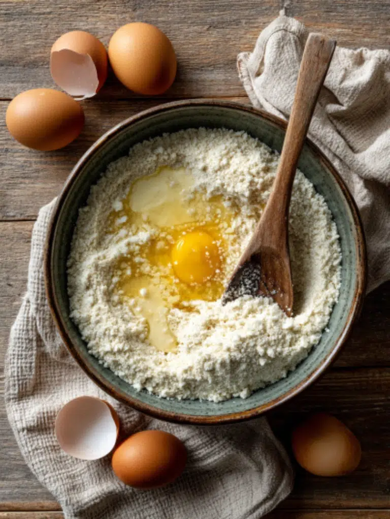A mixing bowl with almond flour, eggs, and almond milk being stirred together for keto blueberry muffin batter.