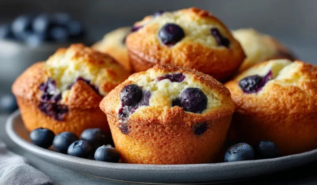 Keto Blueberry Muffins with Almond Flour Perfectly baked keto blueberry muffins, soft on the inside with a golden, crumbly top." Description: "These keto blueberry muffins are made with almond flour and fresh blueberries, creating a soft, fluffy texture that’s perfect for a guilt-free treat. Enjoy them with your morning coffee or as a healthy snack throughout the day.