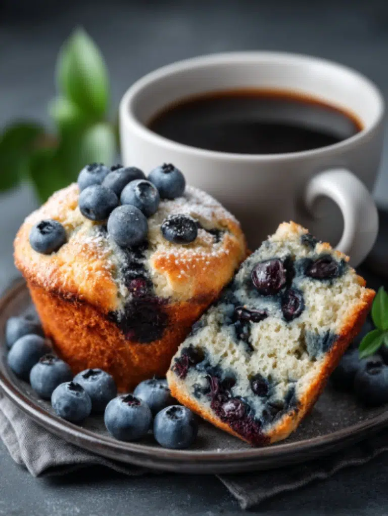 A sliced keto blueberry muffin on a white plate, served with black coffee on a gray kitchen counter.