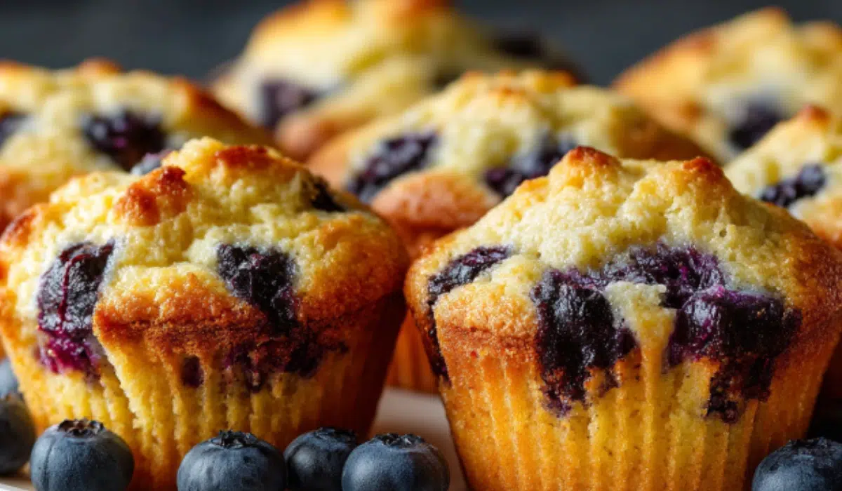 Golden keto blueberry muffins made with coconut flour, arranged on a white plate on a gray kitchen countertop.