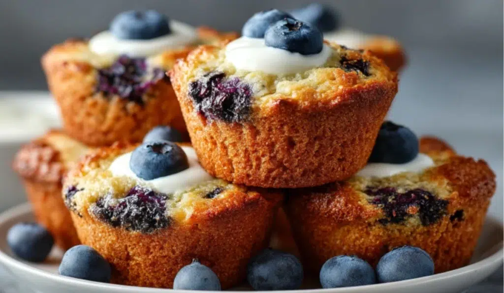Freshly baked keto blueberry muffins with yogurt on a white plate, sitting on a gray kitchen countertop.”