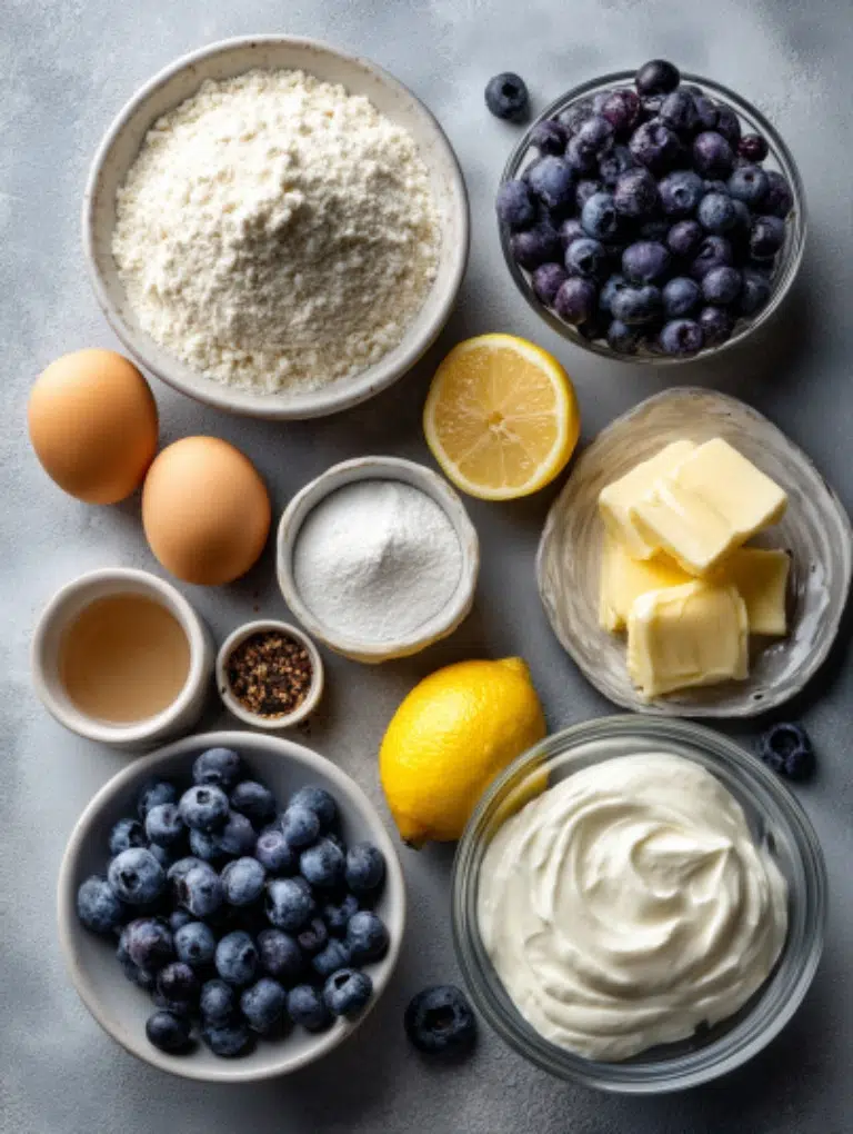 Flat lay of ingredients for keto blueberry muffins with yogurt on a gray countertop.”