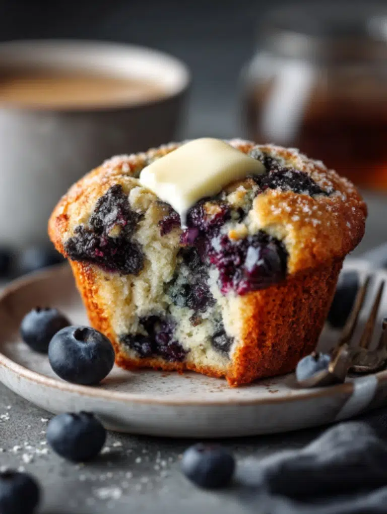Keto Blueberry Muffins with Yogurt sliced in half on a white plate with melting butter.