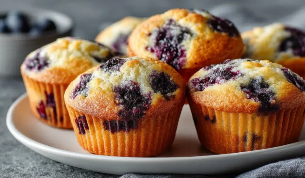 Golden keto blueberry muffins on a white plate over a gray kitchen countertop, soft natural light.