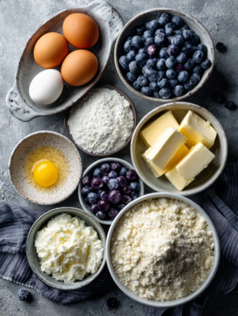Flat lay of Keto Muffins Recipe ingredients including almond flour, eggs, butter, almond milk, and blueberries on a gray countertop.