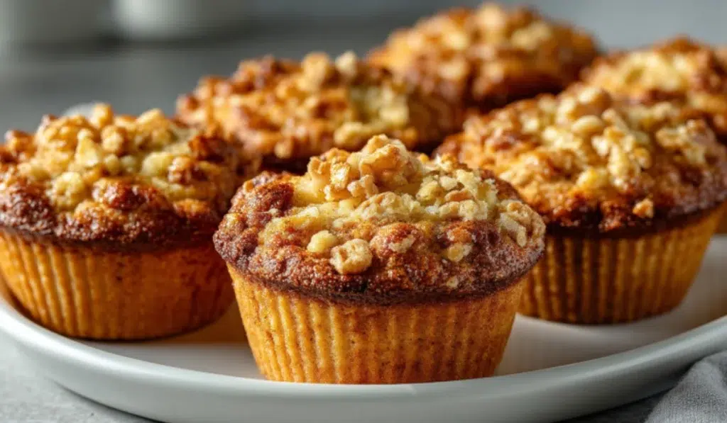 Freshly baked keto rhubarb muffins Recipe with a golden walnut topping on a white plate over a gray kitchen countertop.