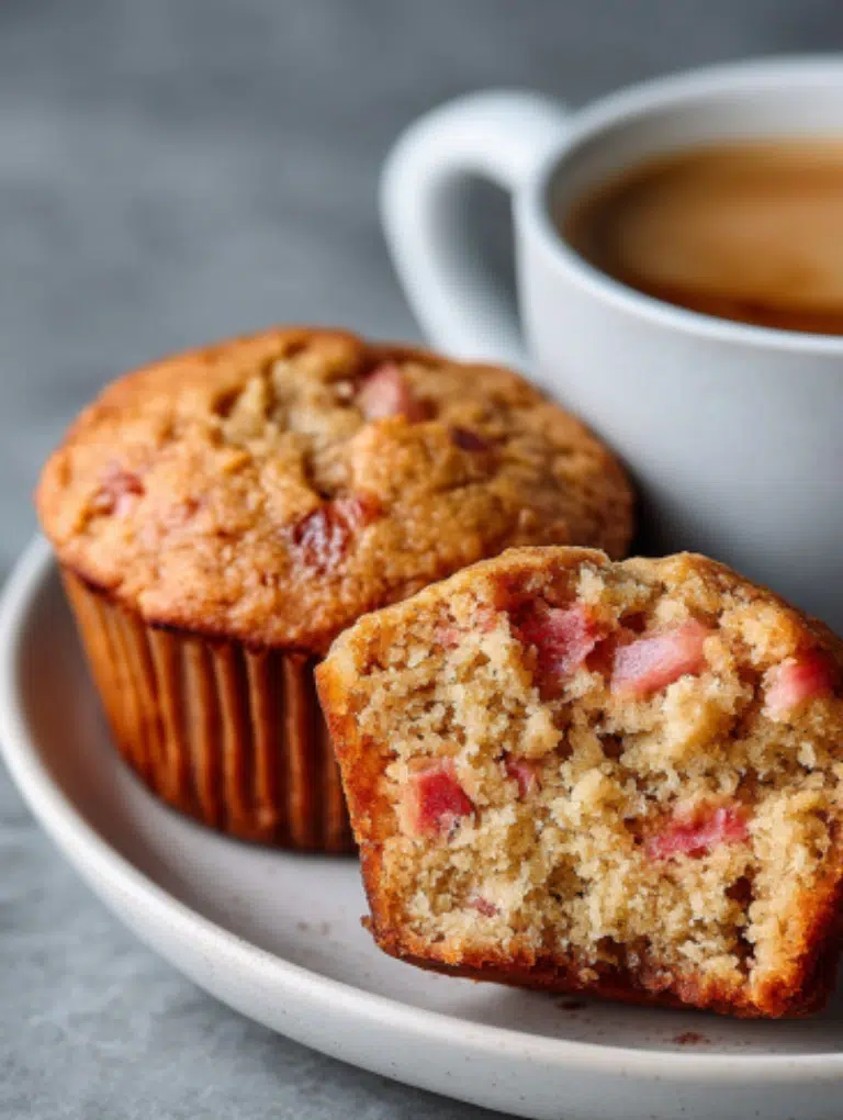 A keto rhubarb muffin split in half on a white plate, with coffee in the background on a gray countertop.
