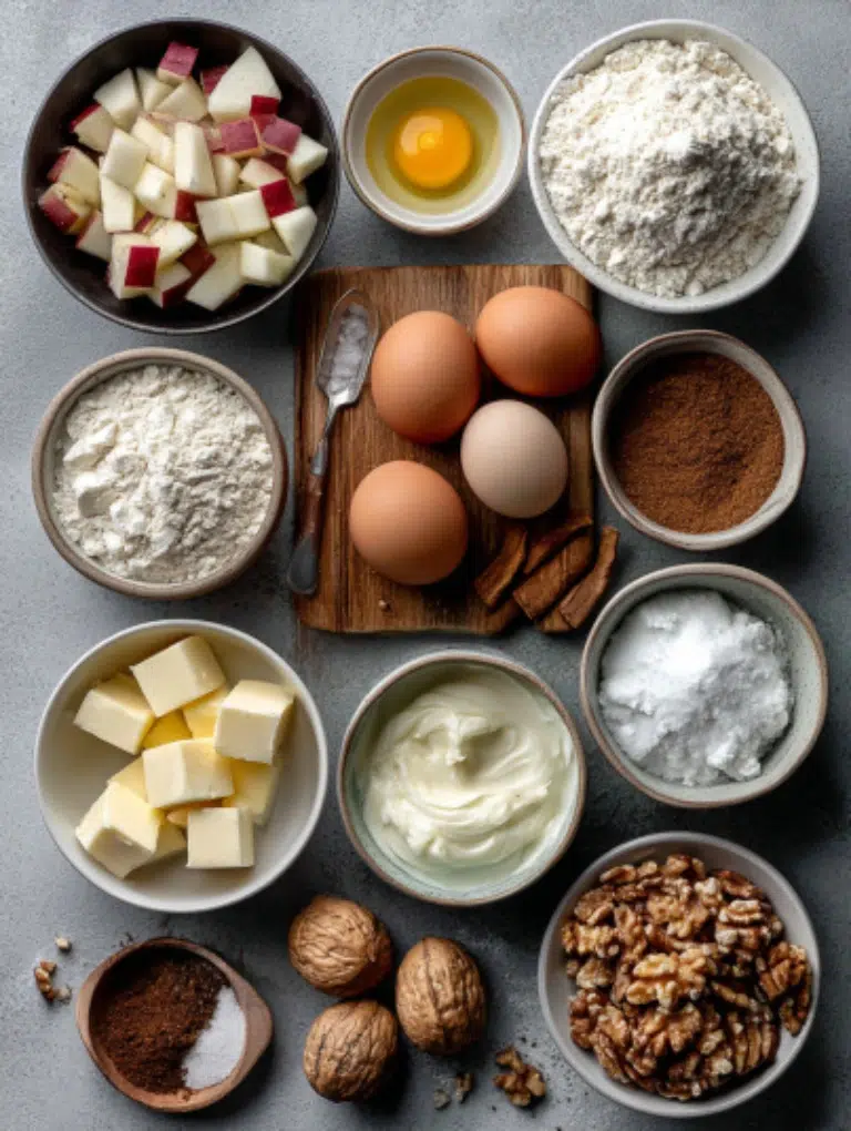 Flat lay of keto rhubarb muffin ingredients neatly arranged on a gray countertop.