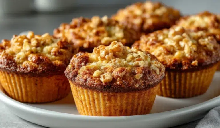 Freshly baked keto rhubarb muffins Recipe with a golden walnut topping on a white plate over a gray kitchen countertop.