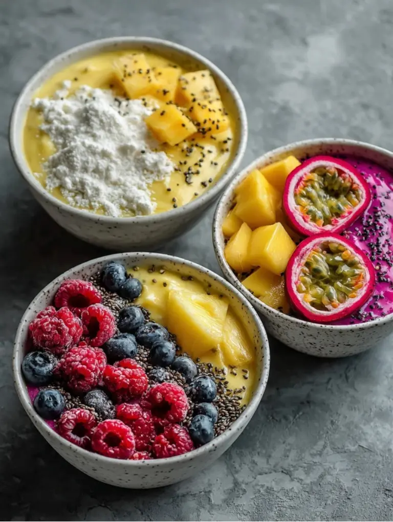 Three versions of a mango pineapple smoothie bowl: high-protein, berry blend, and tropical boost variations.