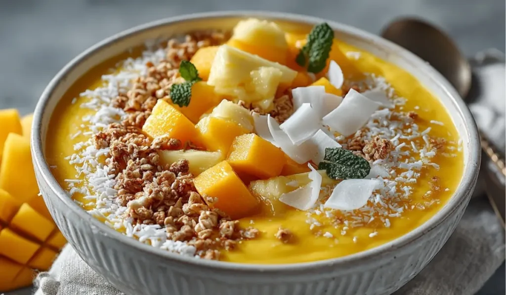 Mango pineapple smoothie bowl with fresh pineapple, mango cubes, granola, and coconut flakes on a gray countertop.
