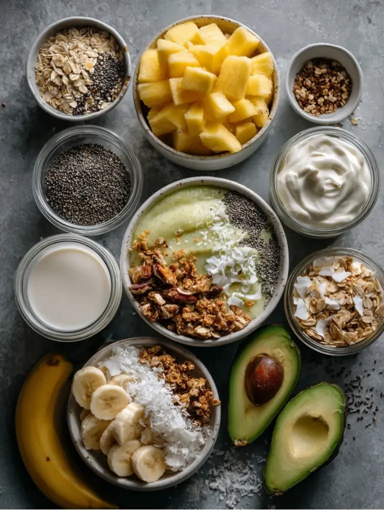 Flat lay of frozen mango, pineapple, banana, avocado, chia seeds, almond milk, and coconut milk for a smoothie bowl recipe.