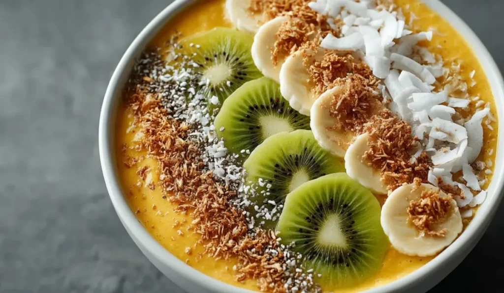 Bright mango pineapple smoothie bowl topped with kiwi, banana slices, and toasted coconut flakes.Bright mango pineapple smoothie bowl topped with kiwi, banana slices, and toasted coconut flakes.