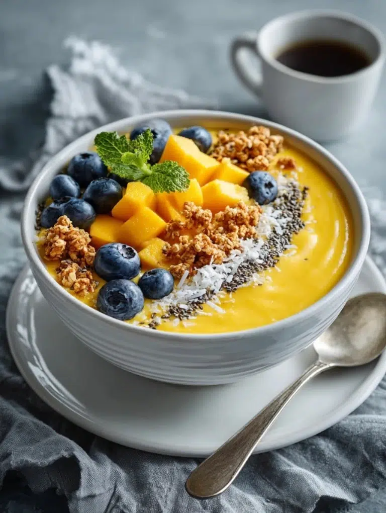 Thick mango smoothie bowl in a white ceramic bowl on a white plate, topped with granola, coconut flakes, chia seeds, fresh mango slices, blueberries, and a mint sprig, on a gray kitchen countertop.